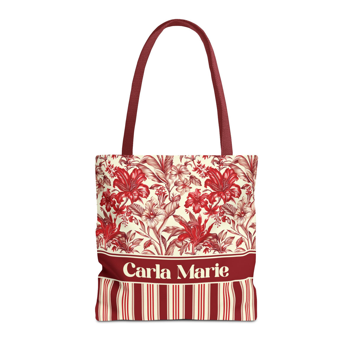 Personalizable Red Lily Tote Bag – Vintage Botanical Floral Striped Carryall