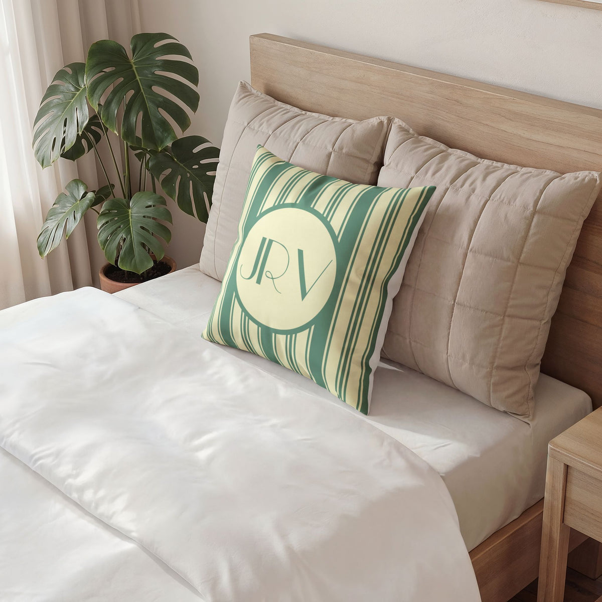 Vintage Striped Monogram Pillow - Mint and Cream Ticking Stripe Velvet Pillow