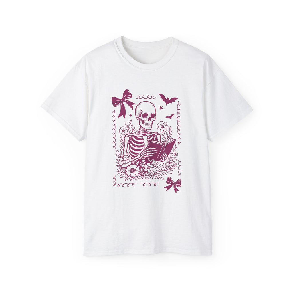 Skeleton Reading Coquette Frame Tee – Floral Skull Book Lover T-Shirt