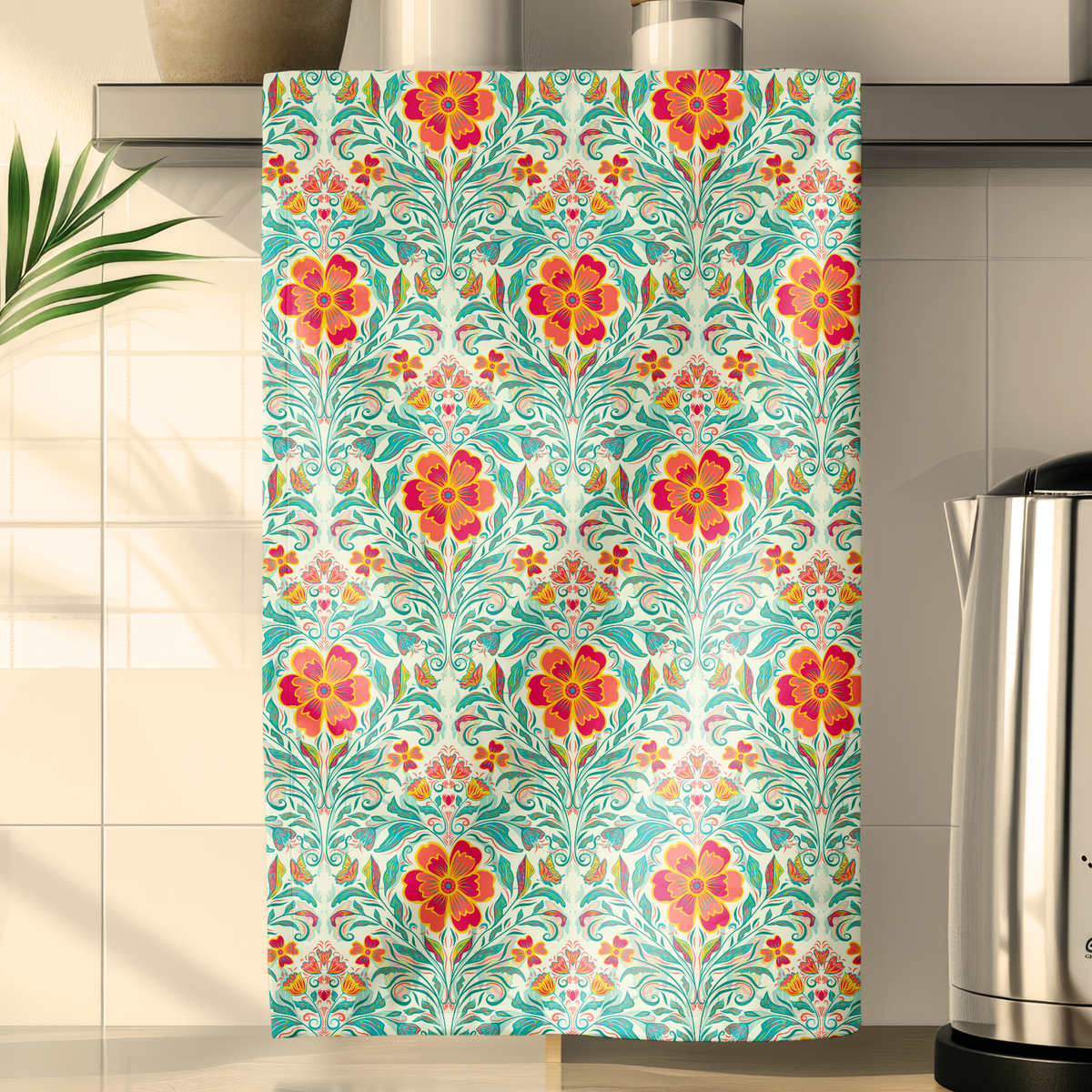Art Nouveau Tea Towel - Red and Teal Floral Vintage Kitchen Towel