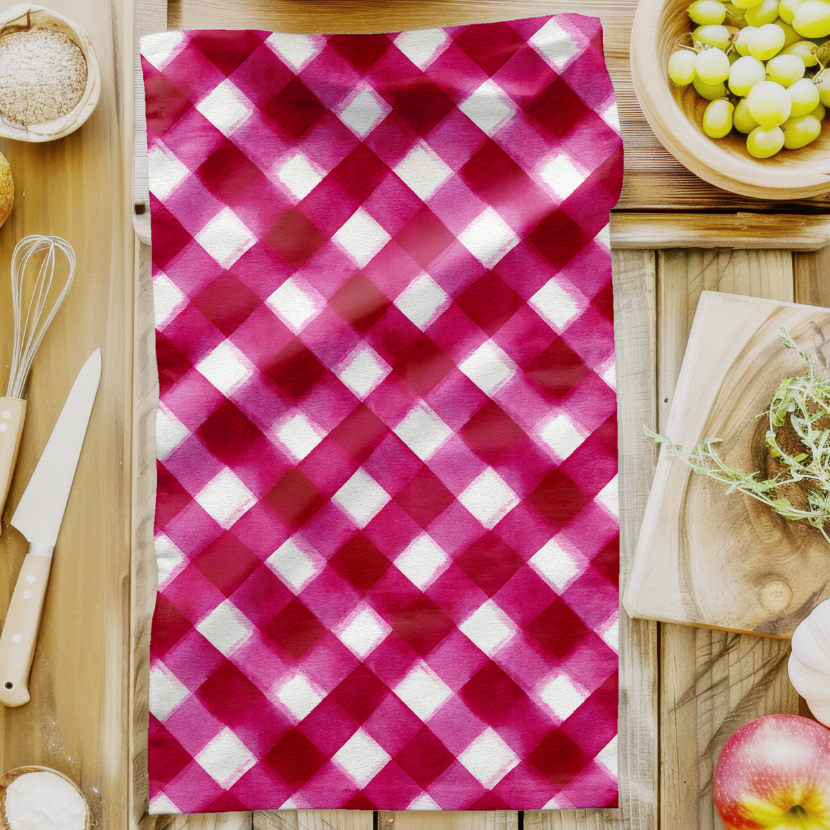 Pink Gingham Kitchen Towel - Bright Magenta Tea Towel