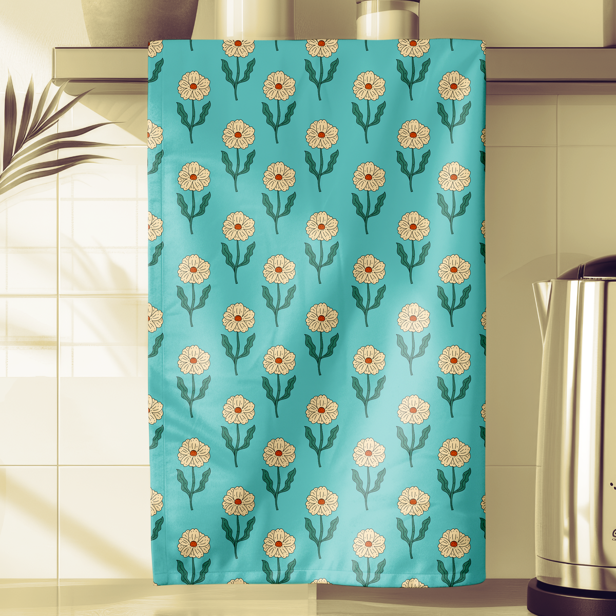 Retro Floral Tea Towel - Hand Drawn Daisies on Teal Kitchen Towel