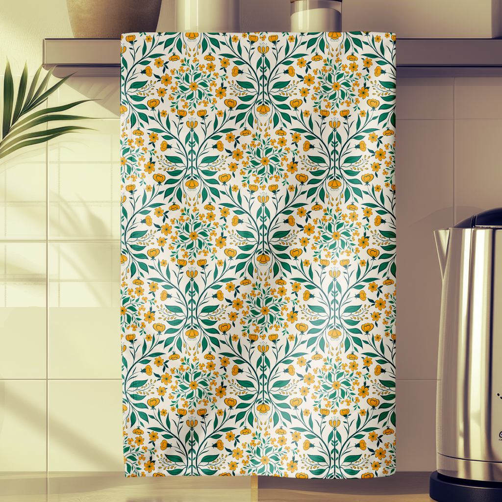 Elegant Art Nouveau Tea Towel - Yellow Floral Vine Kitchen Towel