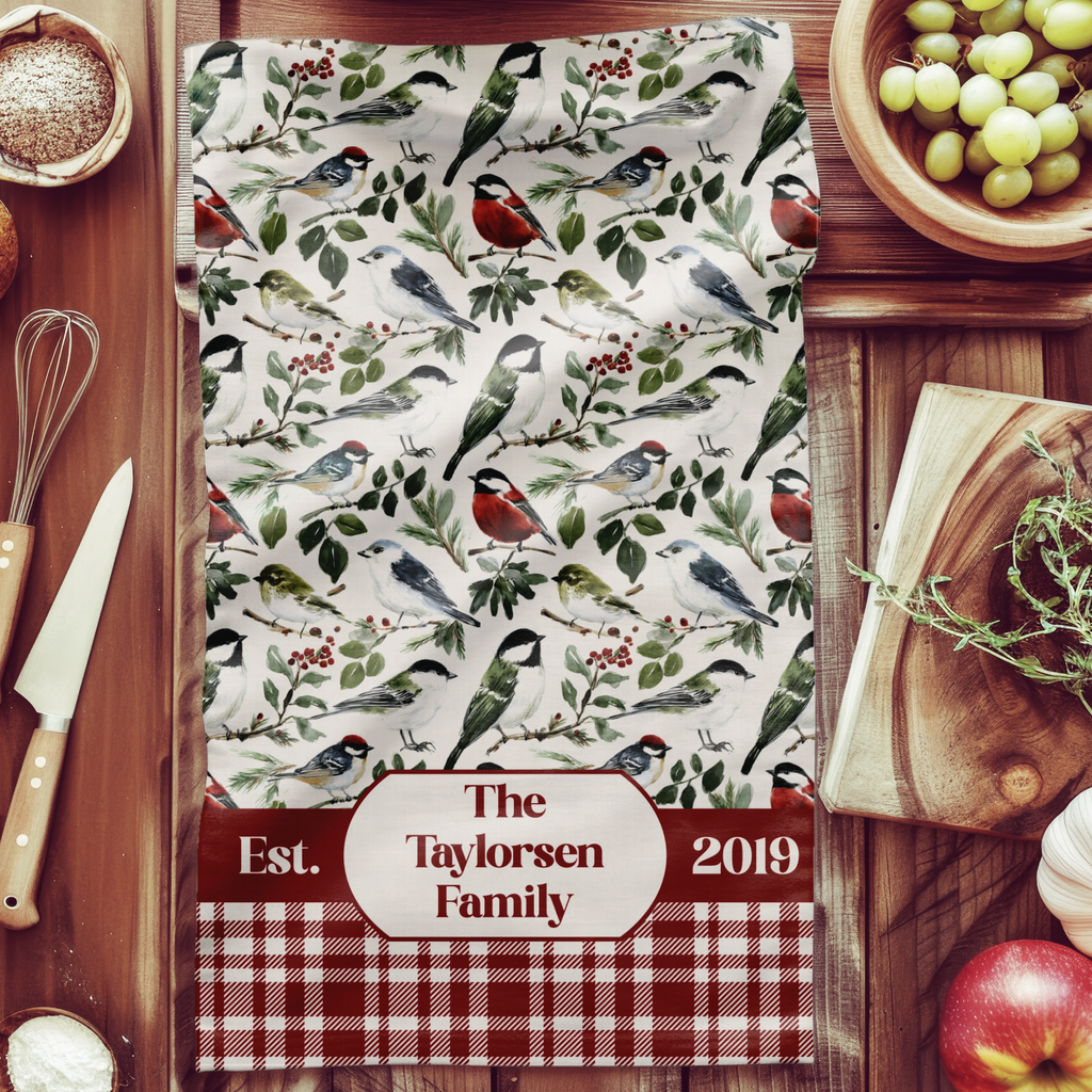 Personalized Country Kitchen Tea Towel - Robin and Berry Patterned Plaid Towel