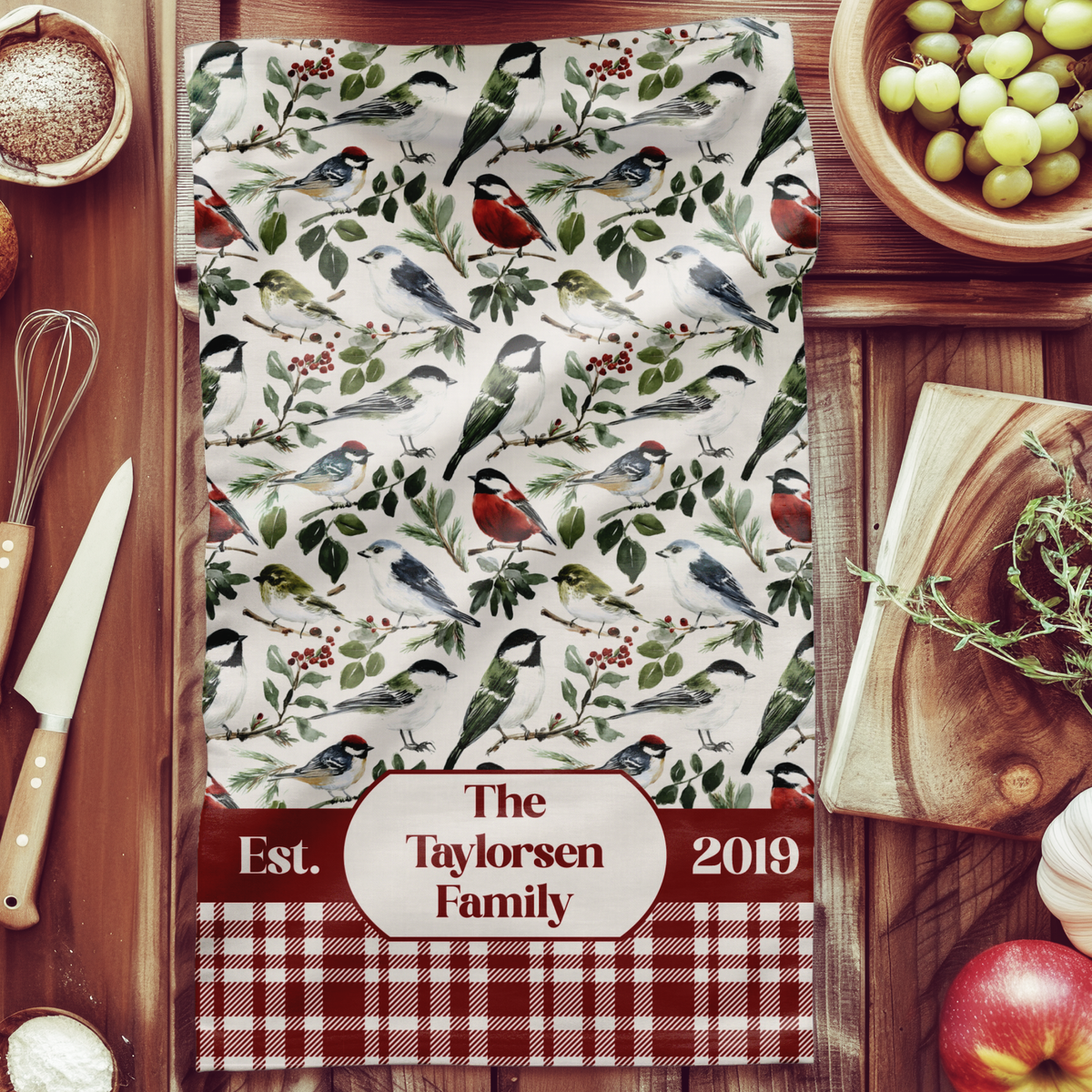 Personalized Country Kitchen Tea Towel - Robin and Berry Patterned Plaid Towel