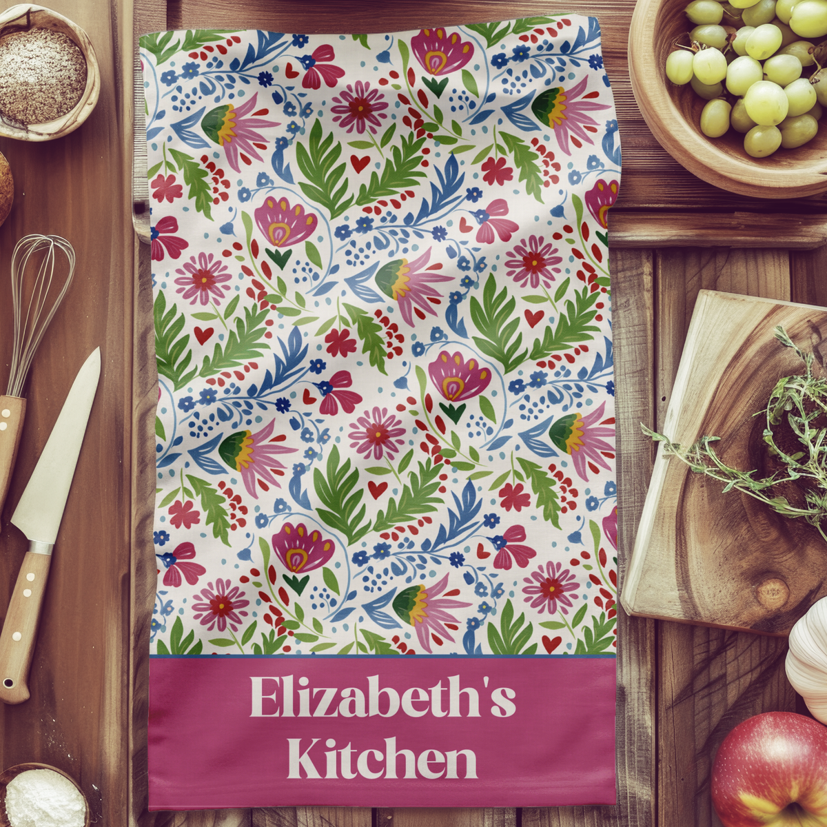 Personalizable Folk Art Tea Towel - Bright Floral Pattern Kitchen Towel