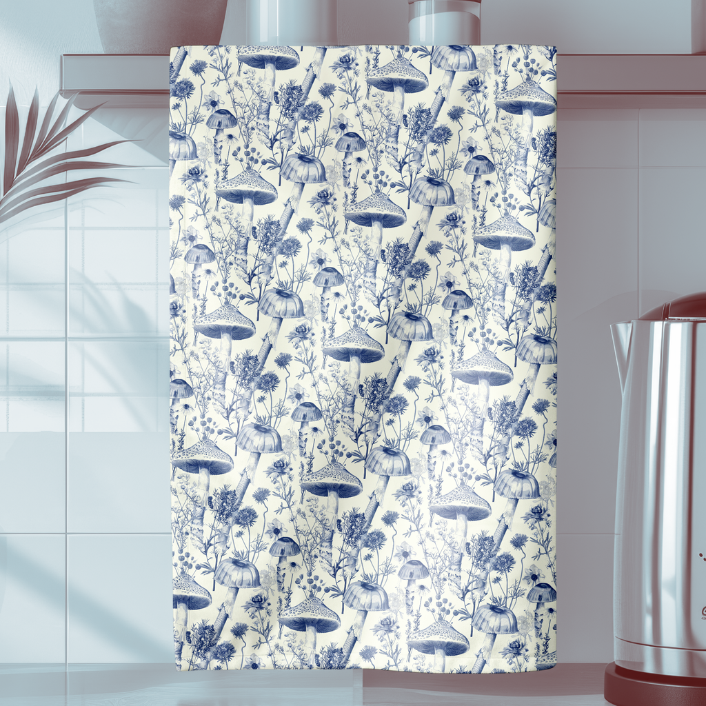 Botanical Toile de Jouy Tea Towel - Mushroom and Wildflower Blue Kitchen Towel