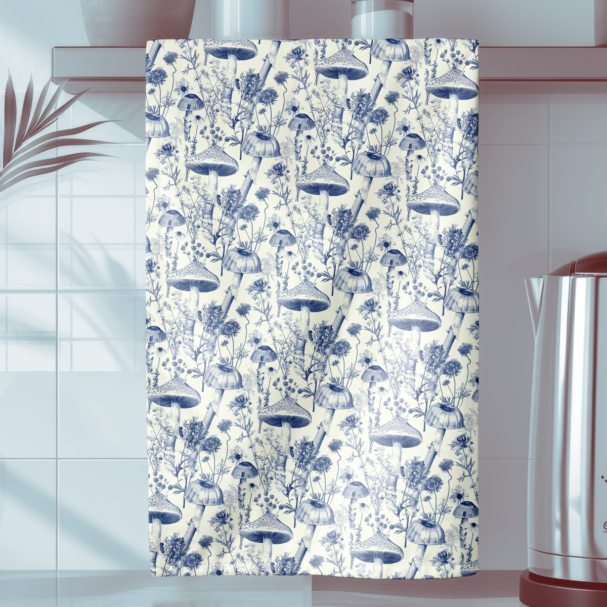 Botanical Toile de Jouy Tea Towel - Mushroom and Wildflower Blue Kitchen Towel