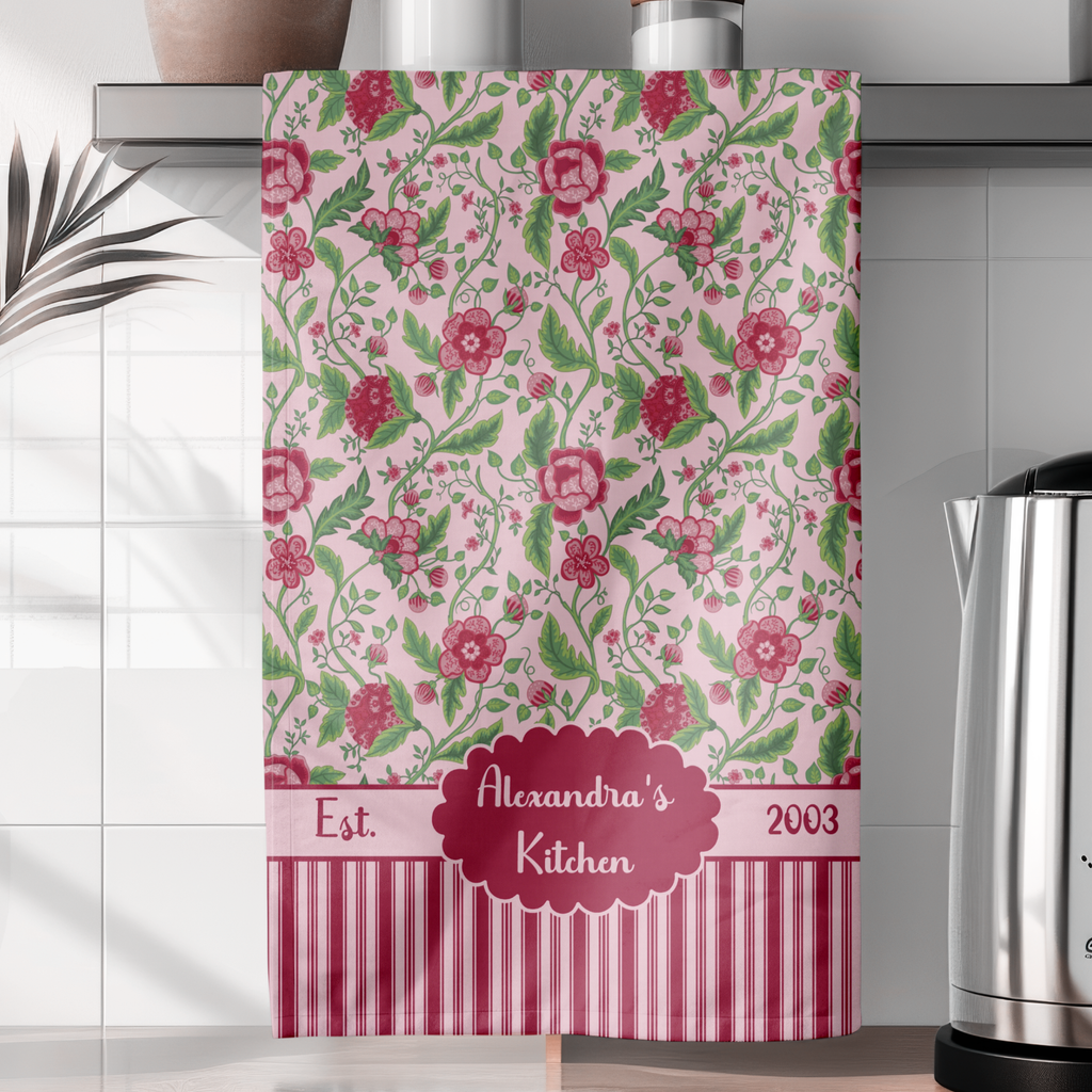Personalizable Name and Date Tea Towel - Pink Jacobean Floral Striped Kitchen Towel