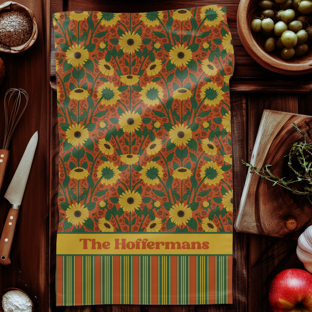 Personalized Tea Towel - Autumn Sunflower Stripe Kitchen Towel