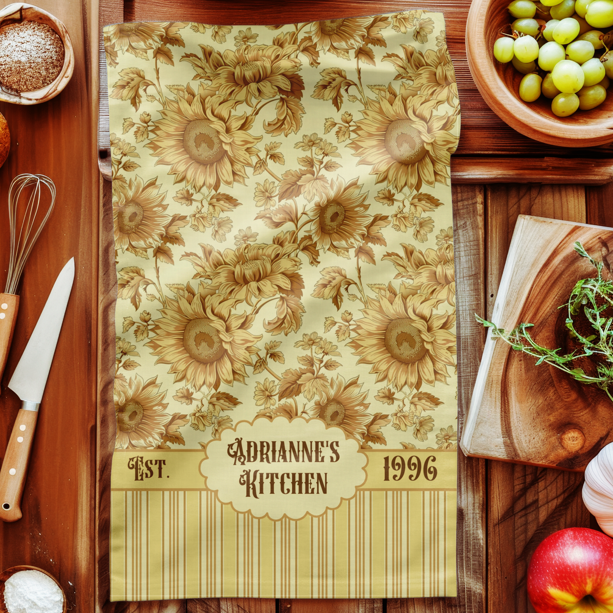 Personalized Sunflower Tea Towel - Striped Vintage Floral Name and Date Kitchen Towel