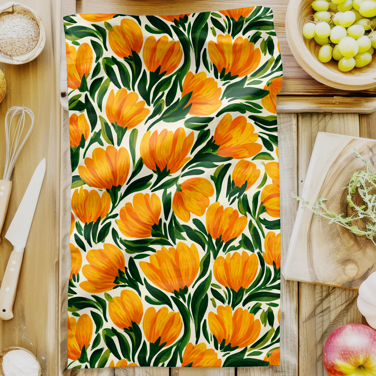 Floral Decorative Towel - Vivid Yellow Tulips Spring Tea Towel