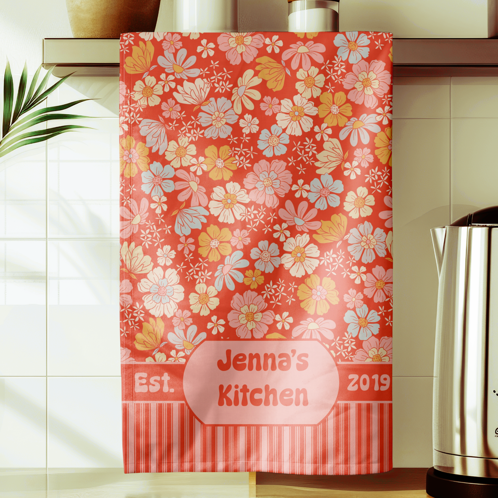 Personalizable Retro Kitchen Towel  - Orange and Pink Floral Stripe