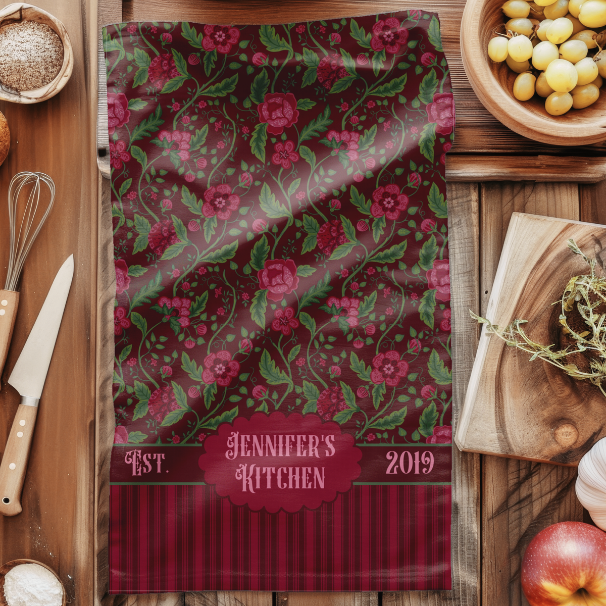 Personalized Vintage Kitchen Towel - Pink and Burgundy Jacobean Floral Striped Tea Towel