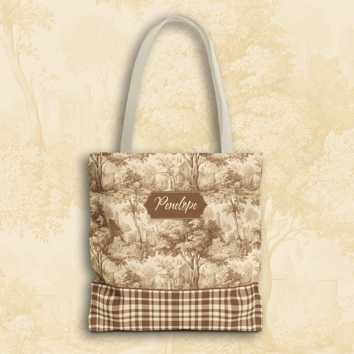 Personalized Market Tote -  Vintage Sepia Toile and Plaid Rustic Country Carryall
