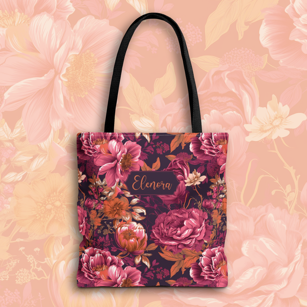 Personalizable Floral Maximalist Tote - Vivid Magenta and Orange Print Bag