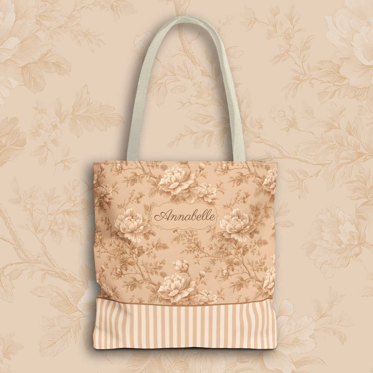 Personalizable Vintage Floral Tote - Sepia Toile Striped Bag