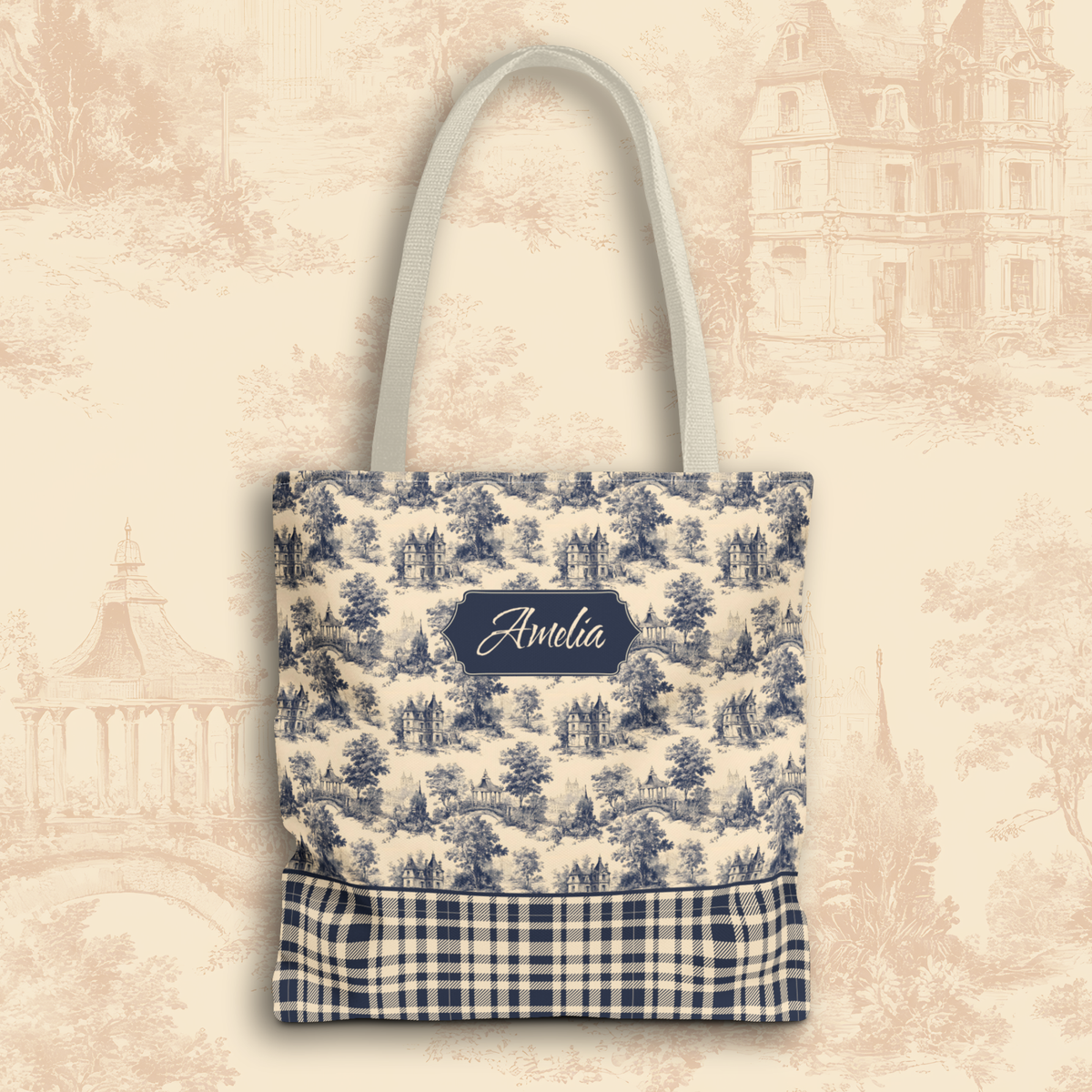 Personalizable Cottagecore Bag - Navy Toile and Plaid Tote