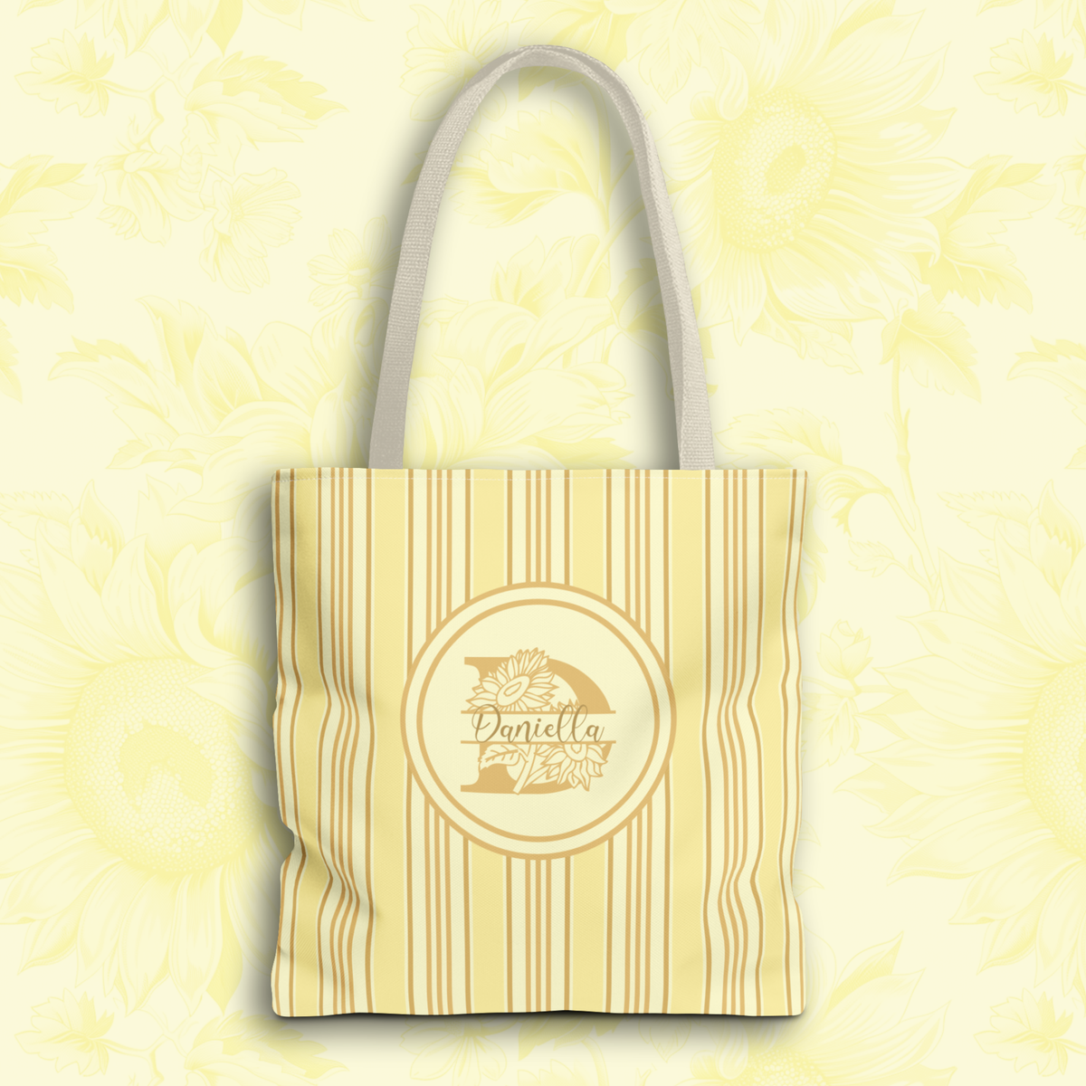 Sunflower Monogram Bag - Yellow Vintage Ticking Striped Carryall