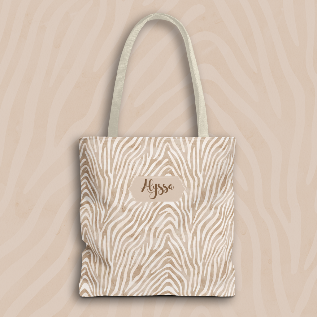 Personalizable Animal Print Bag - Beige Zebra Patterned Tote