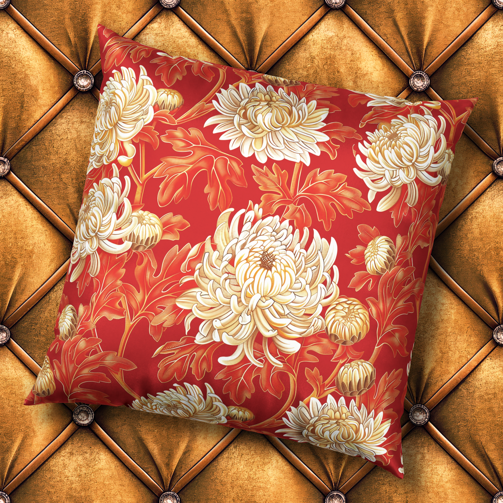 Elegant Floral Velvet Pillow - Cream Chrysanthemums on Vermillion Decorative Pillow