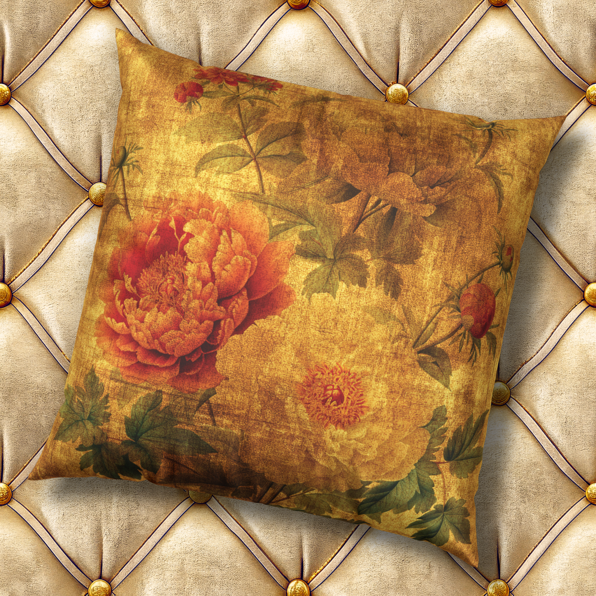 Elegant Gold Velvet Throw Pillow - Vintage Peonies Decorative Pillow