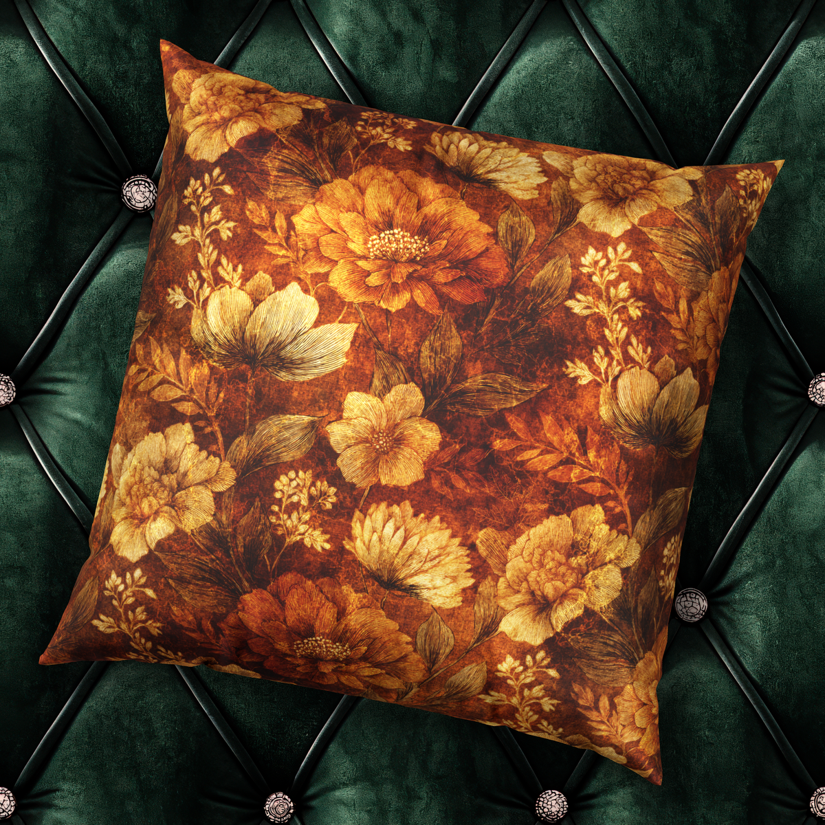 Vintage Velvet Throw Pillow - Golden Brown Floral Decorative Pillow