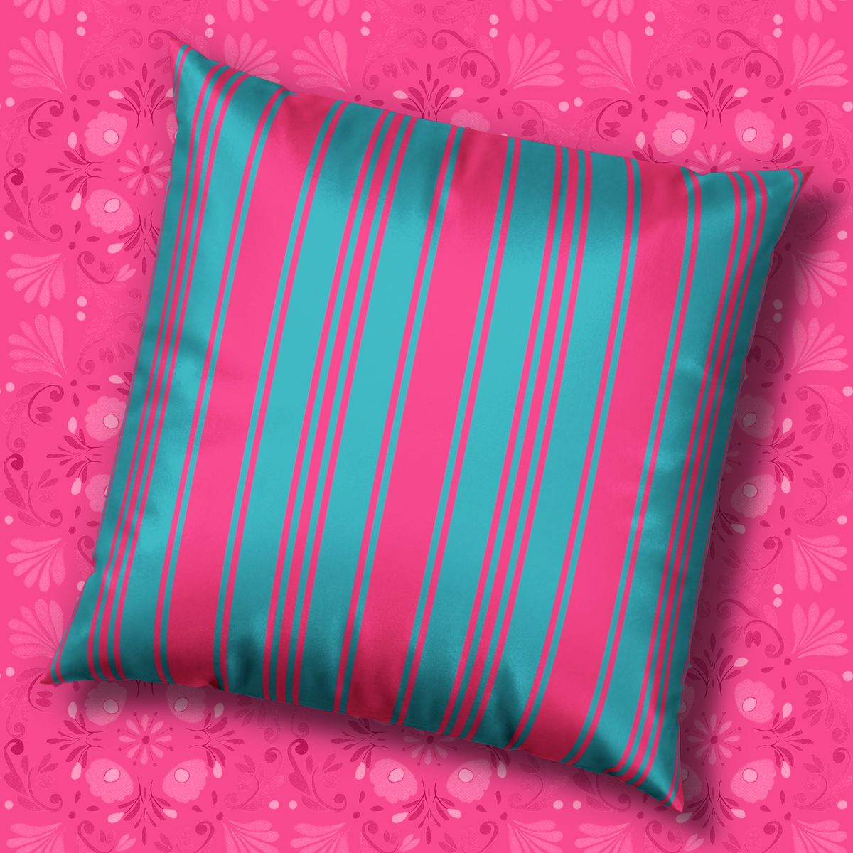 Whimsical Velvet Decor Pillow - Bright Pink and Blue Ticking Stripe Throw Pillow