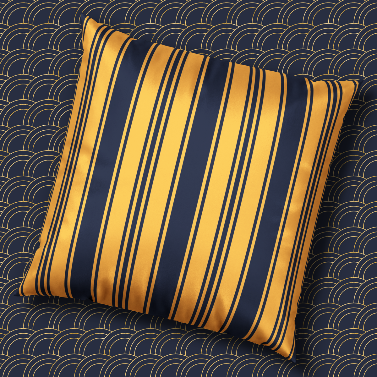 Elegant Velvet Throw Pillow - Modern Blue and Gold Ticking Stripe Pillow