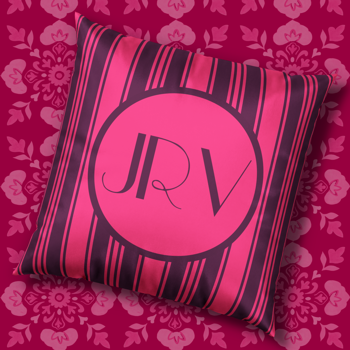 Personalizable Striped Velvet Pillow -Magenta and Violet Ticking Stripe Monogram Pillow