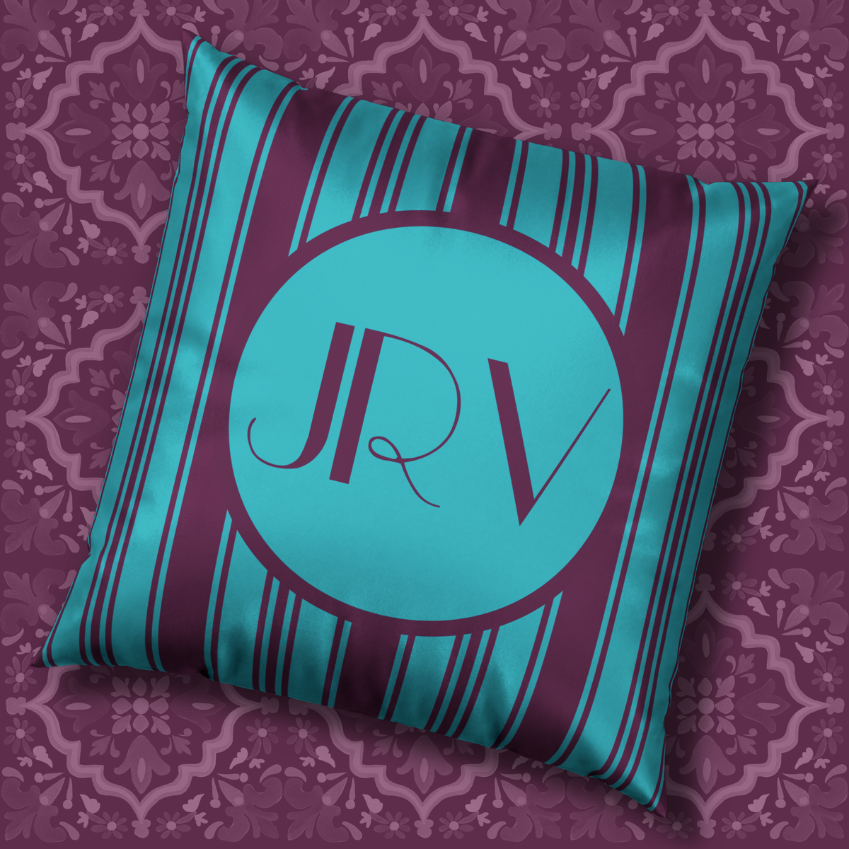 Retro Modern Velvet Pillow - Personalizable Violet and Teal Vintage Striped Monogram Pillow