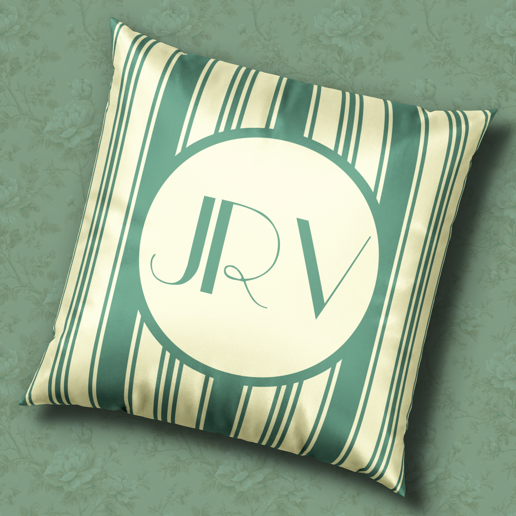 Vintage Striped Monogram Pillow - Mint and Cream Ticking Stripe Velvet Pillow