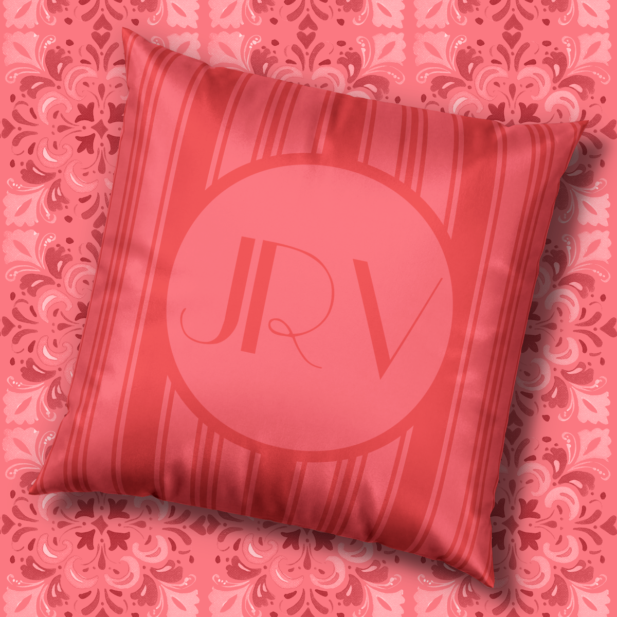 Art Deco Personalizable Pillow - Coral Ticking Stripe Monogram Velvet Pillow