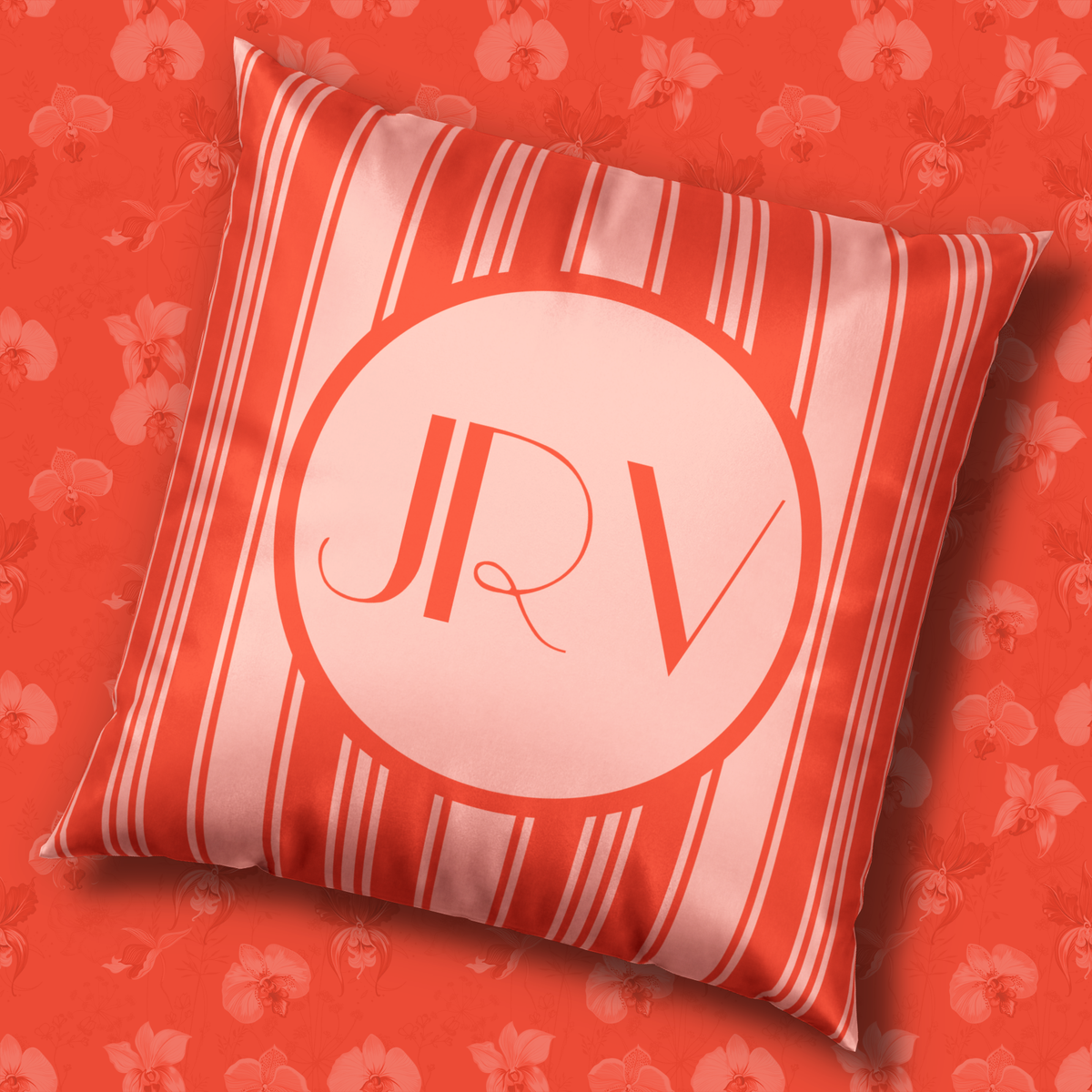 Retro Velvet Personalizable Pillow - Vermillion Orange Ticking Stripe Monogram Pillow