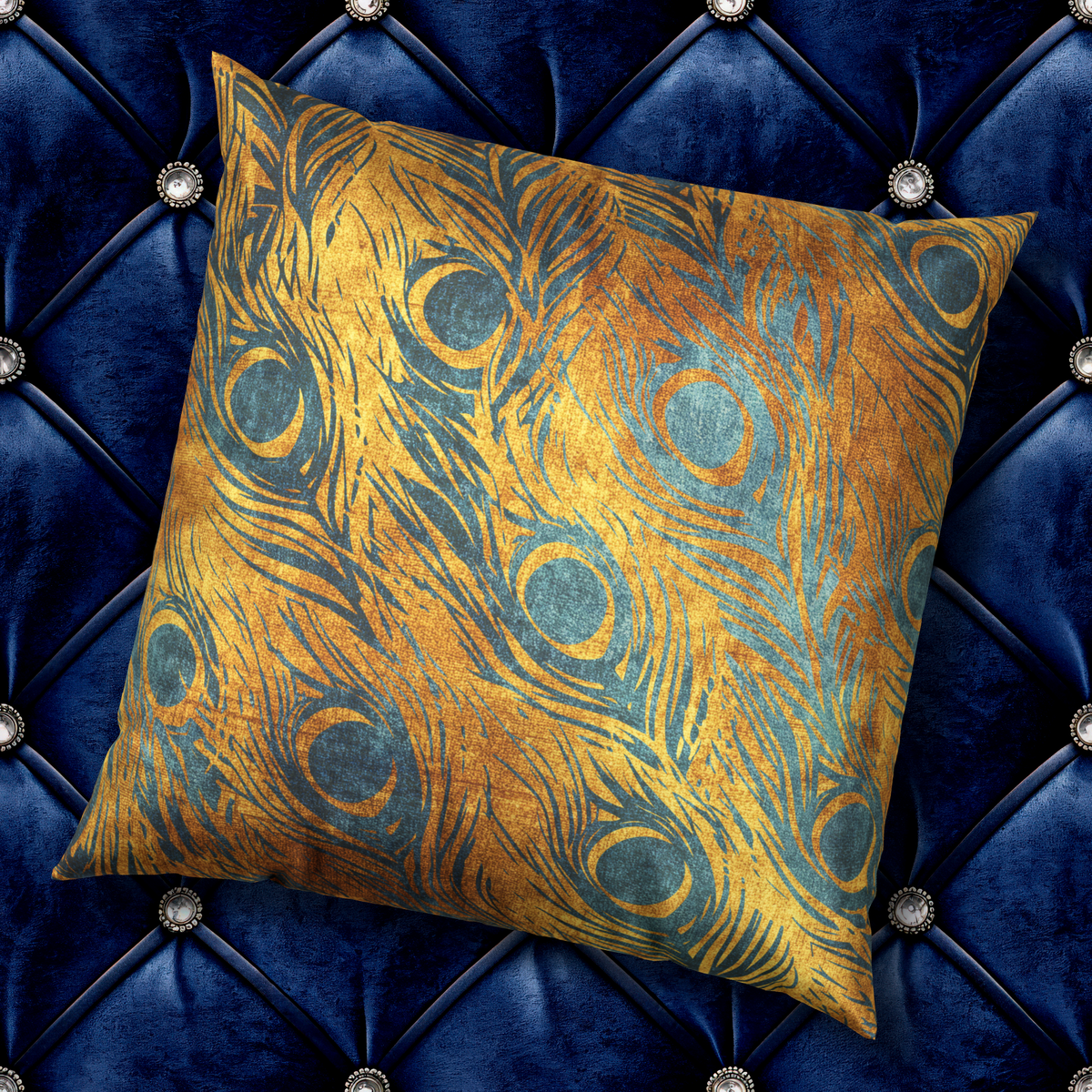 Peacock Feather Velvet Pillow - Luxe Gold and Teal Decorative Pillow