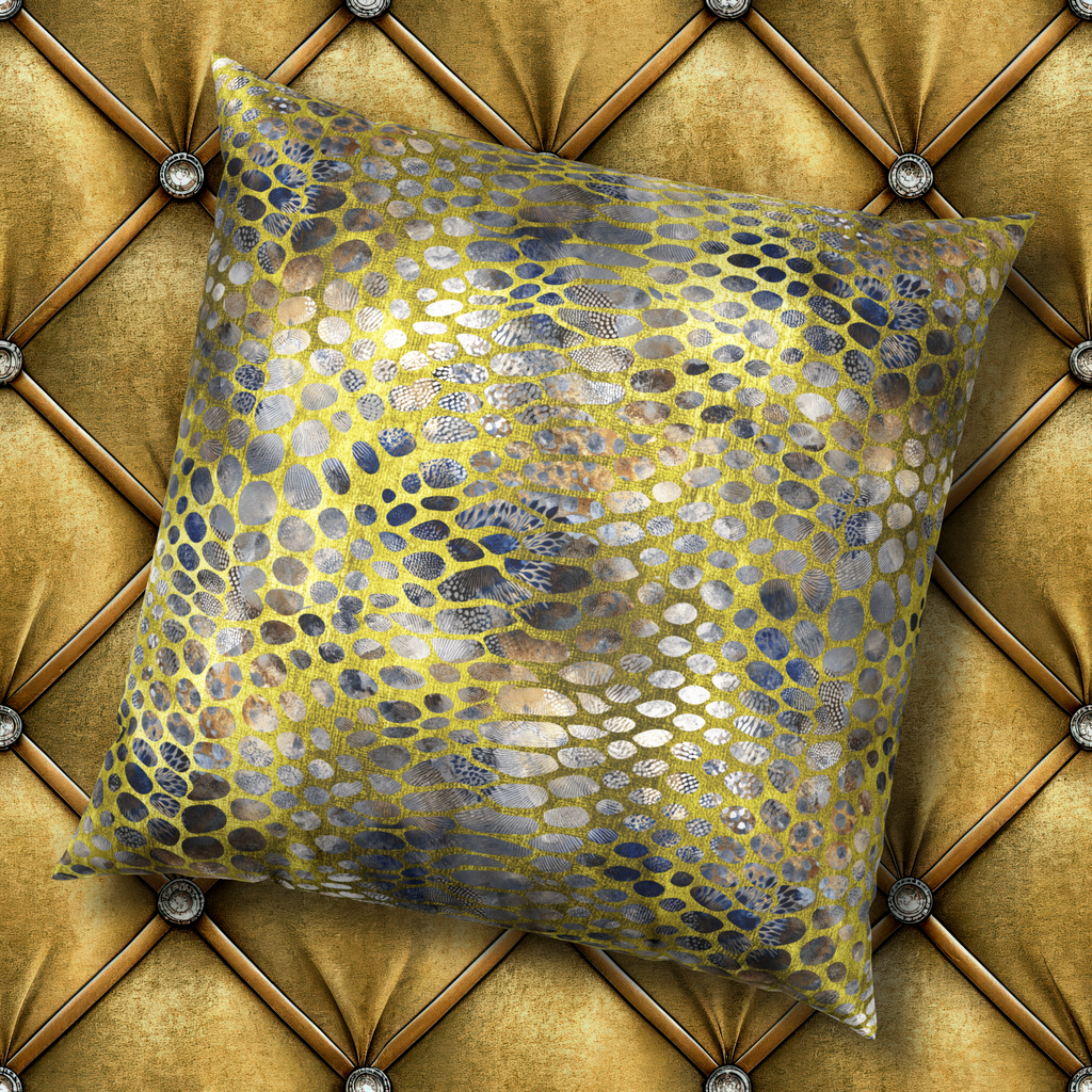 Luxe Velvet Decorative Pillow - Glam Arctic Gold Snakeskin and Navy Feathers Throw Pillow
