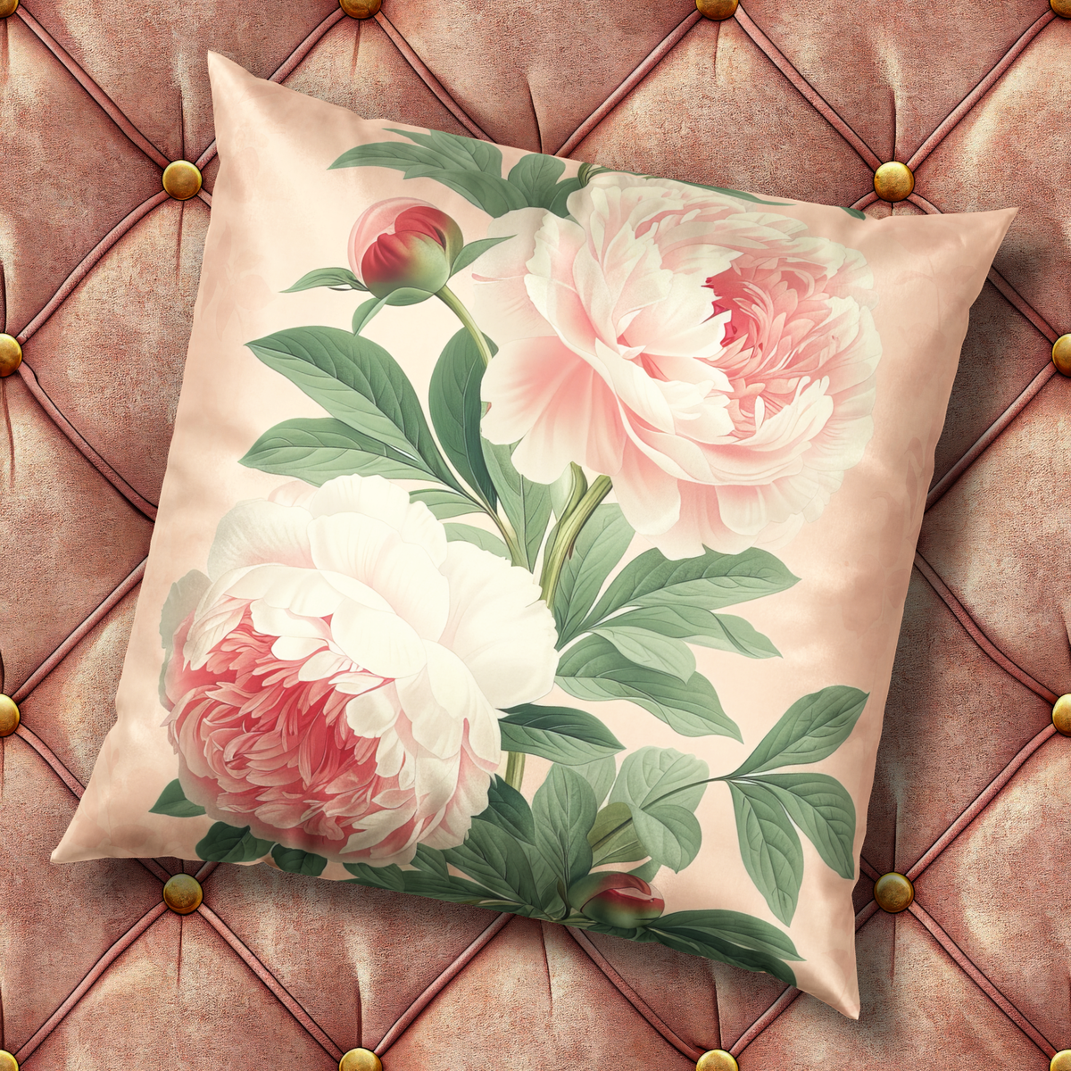Floral Velvet Throw Pillow - Pink Peonies Vintage Decorative Pillow