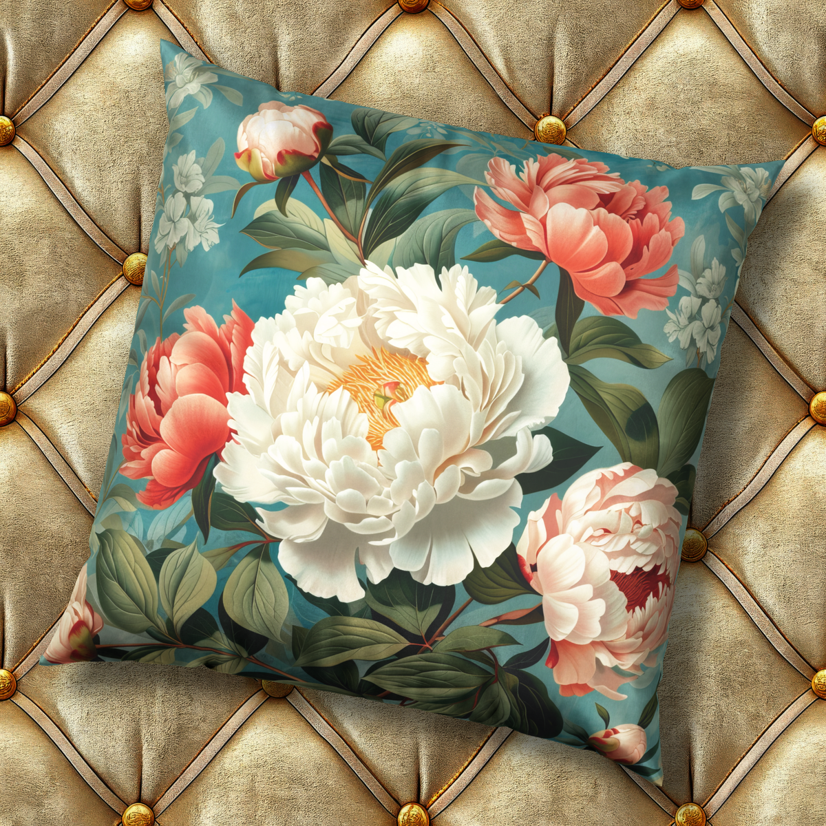 Floral Velvet Throw Pillow - Pink and Cream Peonies on Blue Vintage Decorative Pillow