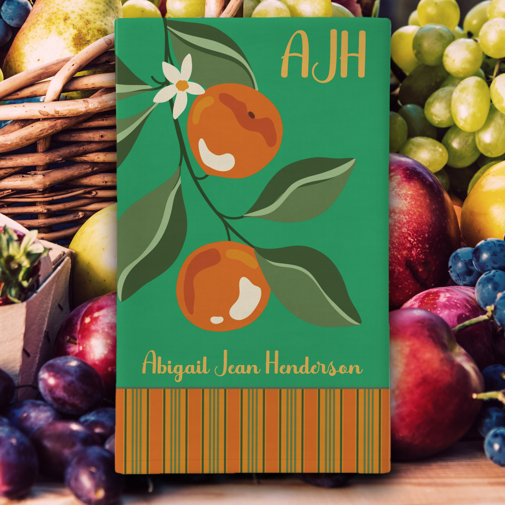Personalizable Citrus Tea Towel — Name and Monogram Orange Striped Decorative Towel