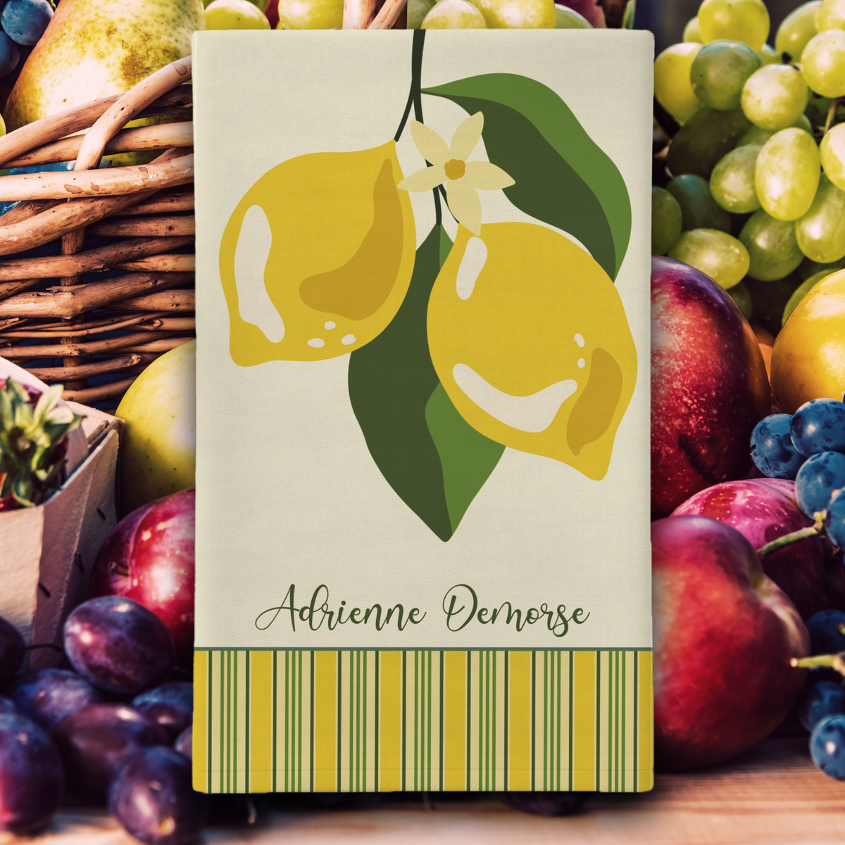 Personalized Fruit Tea Towel — Custom Name Lemon Striped Border Kitchen Towel