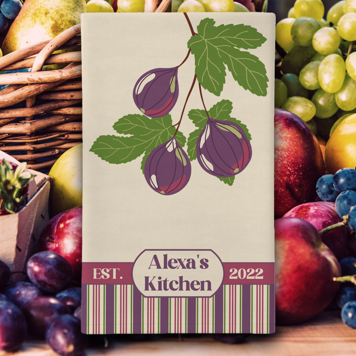 Personalized Fig Tea Towel — Fruit Striped Kitchen Towel