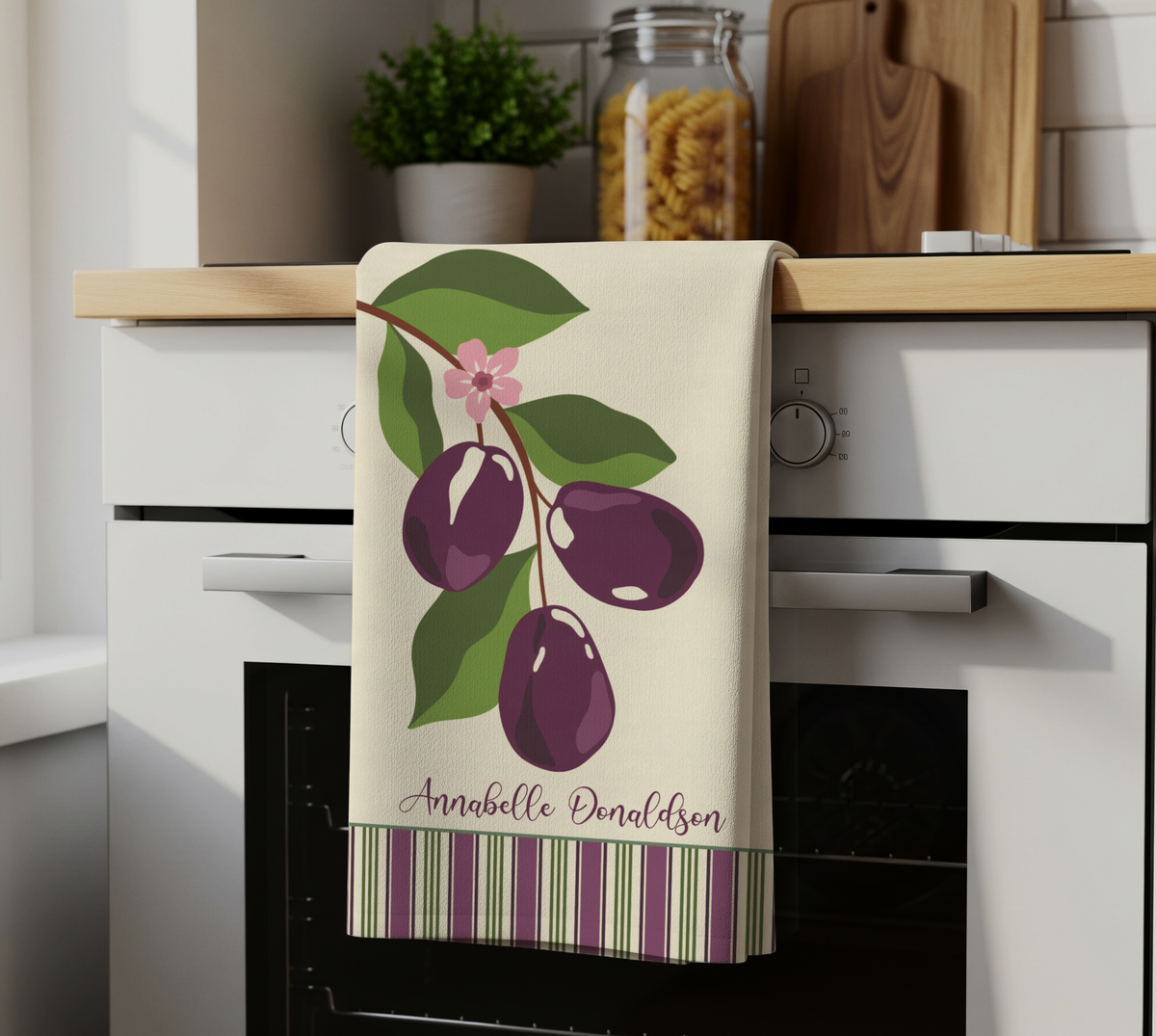 Personalizable Plum Tea Towel - Watercolor Illustration Striped Kitchen Towel
