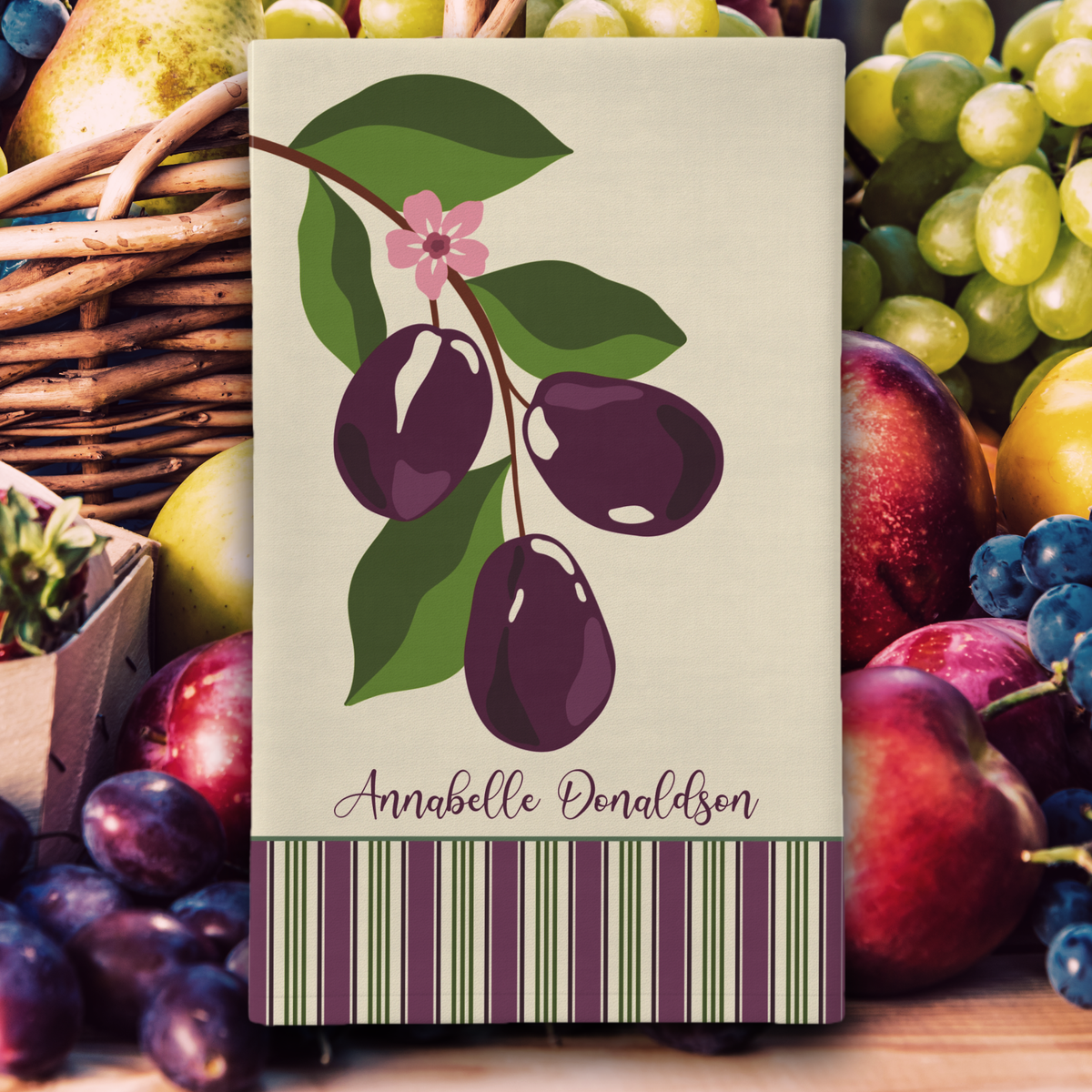 Personalizable Plum Tea Towel - Watercolor Illustration Striped Kitchen Towel