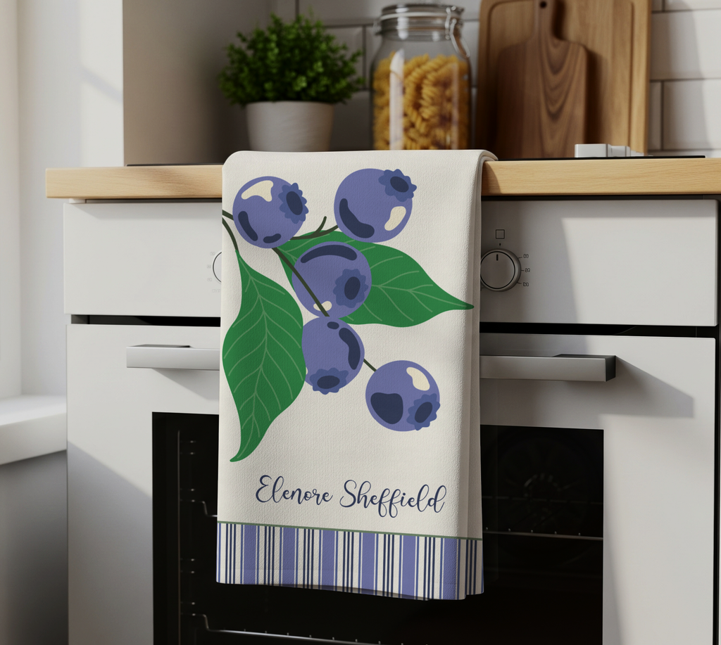 Personalizable Blueberry Stripe Tea Towel - Blue and White Decorative Kitchen Towel
