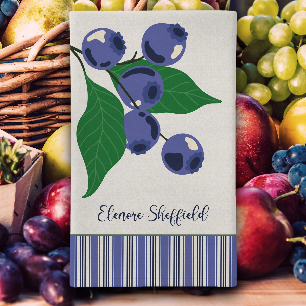 Personalizable Blueberry Stripe Tea Towel - Blue and White Decorative Kitchen Towel