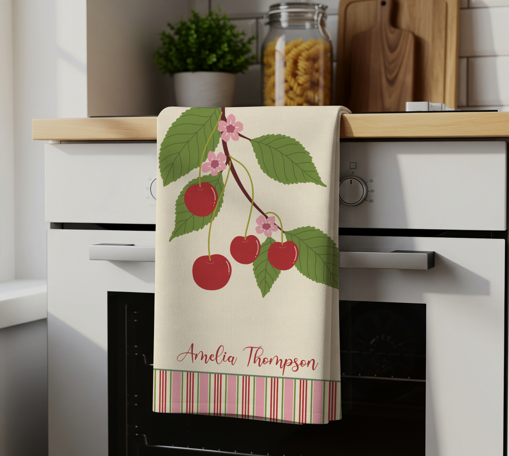 Cherry Branch Personalized Tea Towel — Custom Name Kitchen Linen