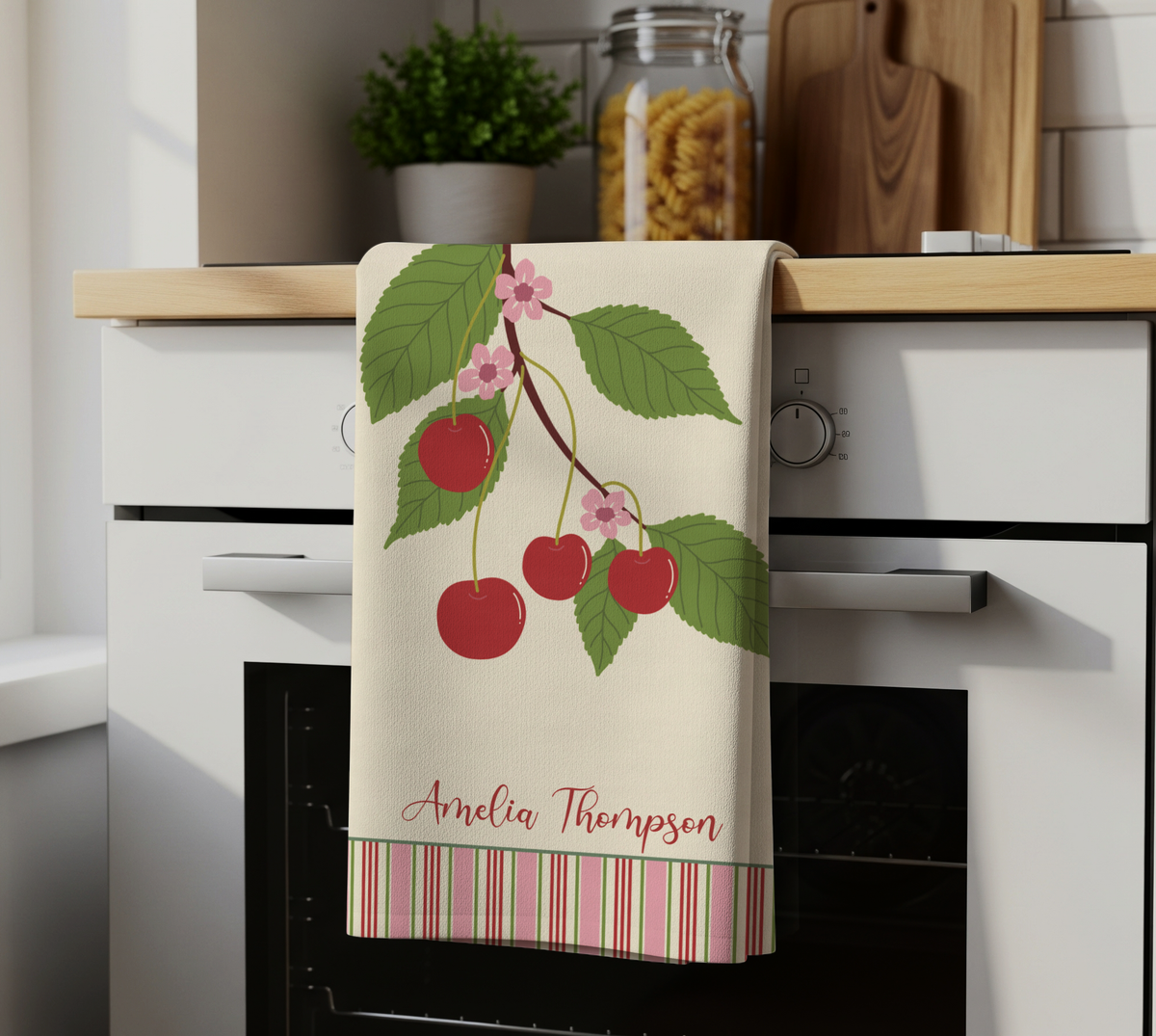 Cherry Branch Personalized Tea Towel — Custom Name Kitchen Linen