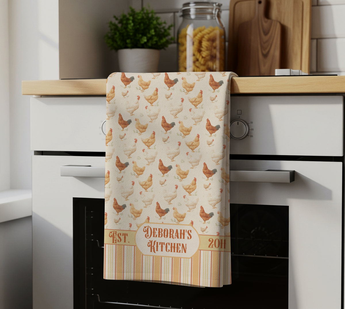 Personalized Farmhouse Chicken Striped Tea Towel - Vintage Name and Date Decorative Towel