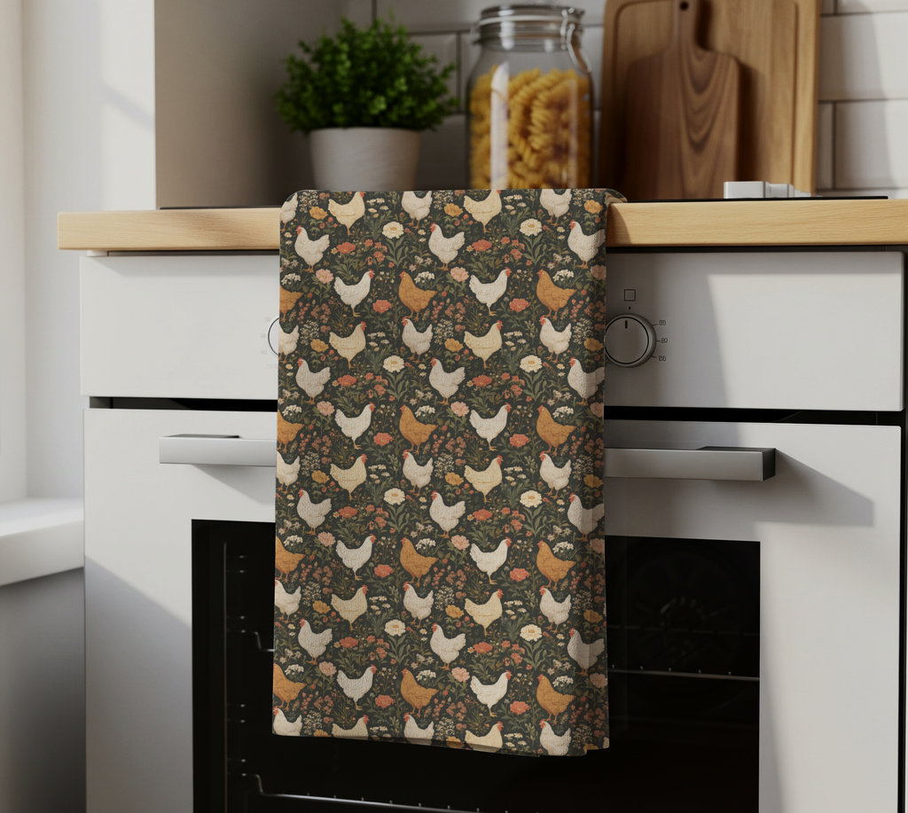 Farmhouse Chicken Pattern Tea Towel - Rustic Floral Hen Kitchen Towel