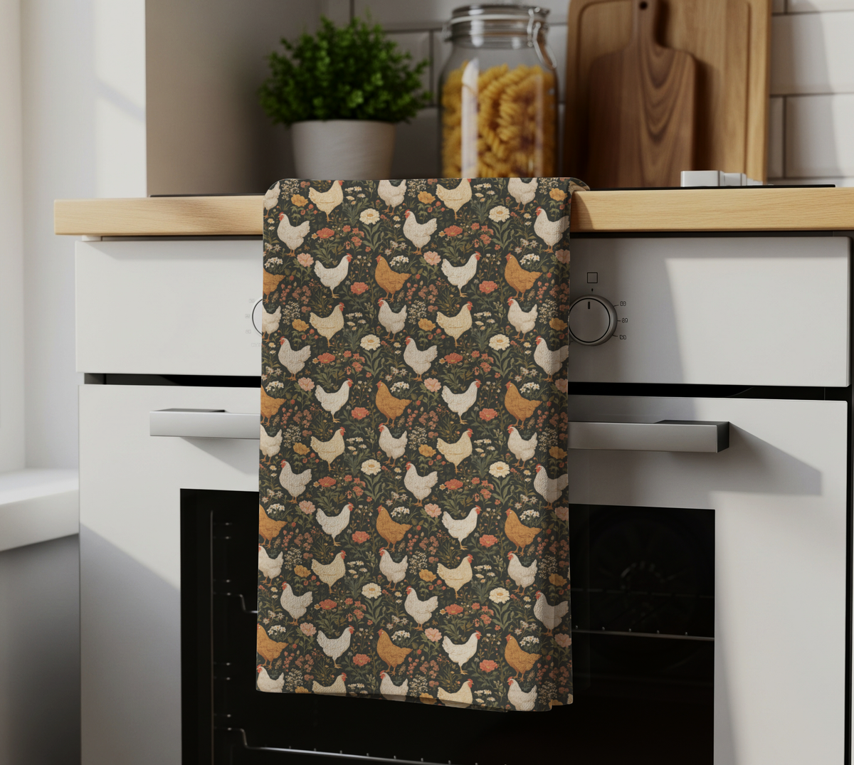 Farmhouse Chicken Pattern Tea Towel - Rustic Floral Hen Kitchen Towel